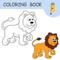 Coloring book with fun character Lion. Colorless and color samples wild Lion on coloring page for kids. Coloring design Royalty Free Stock Photo