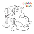Coloring book with funny fat cat, cat eats sour cream from a jug. Illustration on a white background