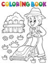 Coloring book gardener with lawn mower