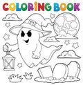 Coloring book ghost with hat and lantern