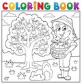 Coloring book girl with collected apples