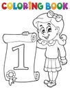 Coloring book girl holds certificate