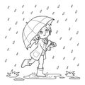 Coloring book. Girl running with an umbrella in the rain Royalty Free Stock Photo