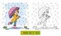 Coloring book. Girl running with an umbrella in the rain