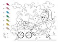 Coloring book girl walks with a Teddy bear in a baby carriage Royalty Free Stock Photo