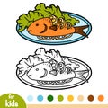 Coloring book, Grilled fish on plate