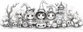 Coloring book of Halloween scene, Children play trick or treat, with carved pumpkin lanterns Royalty Free Stock Photo