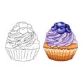 Coloring book. Hand drawing. Vector illustration. Berry muffin in cartoon style. Logo for homemade pastry shop, bakery