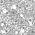 Coloring book. Hand drawn cute Doodle New Year, Christmas seamless pattern. Holiday theme. Black and white Vector sketchy Royalty Free Stock Photo