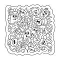 Coloring book. Hand drawn Doodle Monsters. Face emotions, Abstract shapes, Cartoon Vector illustartions