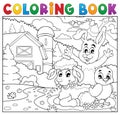 Coloring book happy animals near farm