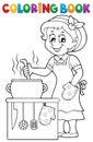 Coloring book happy female cook