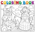 Coloring book happy princess near castle