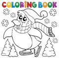 Coloring book happy skating penguin