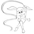 Coloring book Hare and Rhythmic Gymnastics. Cartoon style. Isolated image on white background.