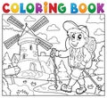 Coloring book hiker near windmill Royalty Free Stock Photo