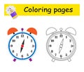Coloring book. Illustration for kids education. Cartoon clock alarm