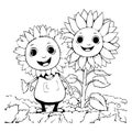 Coloring book illustration sunflowers kawaii coloring page