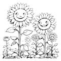 Coloring book illustration sunflowers kawaii coloring page