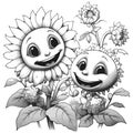 Coloring book illustration sunflowers kawaii coloring page