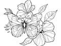 Coloring book image, flower with a large butterfly. Raster, generative ai.