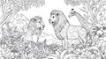 Lion and Giraffe in a Floral Jungle Black and White Coloring Page Royalty Free Stock Photo