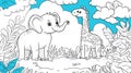 Cute Cartoon Baby Elephant and Giraffe in Jungle - Coloring Page Theme Royalty Free Stock Photo