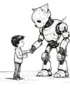 A boy is shaking hands with a robot. Generative AI image.