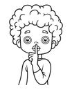 Coloring book for kids, Boy shows Shh sign with silence finger to lips Royalty Free Stock Photo