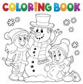 Coloring book kids building snowman 1