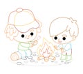 Coloring book for kids, Cartoon characters boys and campfire Royalty Free Stock Photo