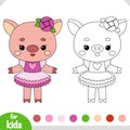 Coloring book for kids, Cartoon cute character ballerina pig