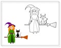 Coloring book for kids, cartoon witch flying on a broom with a cat. Vector isolated on a white background Royalty Free Stock Photo