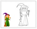 Coloring book for kids, cartoon witch stands with a broom. Vector isolated on a white background