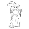 Coloring book for kids, cartoon witch stands with a broom. Vector isolated on a white background