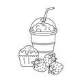 Coloring book for kids. Cupcake, strawberry berries, milkshake. Fruits and drinks. Vector illustration of print, decor