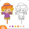 Coloring book for kids, Cute cartoon scarecrow Royalty Free Stock Photo