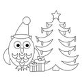 Coloring book for kids. Cute Christmas or winter doodle composition with owl. Hand-drawn vector sketch Royalty Free Stock Photo