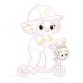 Coloring book for kids, Cute little girl on a scooter Royalty Free Stock Photo