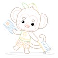 Coloring book for kids, Cute monkey traveler with suitcase and air ticket