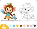 Coloring book for kids, Cute monkey traveler with suitcase and air ticket