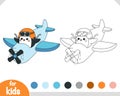 Coloring book for kids, Cute penguin pilot is flying on an airplane