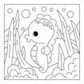 Coloring book for kids, Cute seahorse and sea background