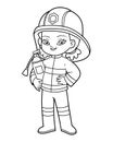 Coloring book for kids, Firefighter cute cartoon asian girl and extinguisher