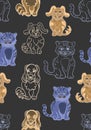 Cat dog cute cartoon childrens hand drawn illustration. Patern seamless print textile background wallpaper paper pets. Cat food b