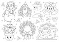 Coloring book for kids. Merry Christmas theme. Cheerful characters. Vector illustration. Cute cartoon style. Black contour Royalty Free Stock Photo