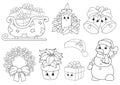 Coloring book for kids. Merry Christmas theme. Cheerful characters. Vector illustration. Cute cartoon style. Black contour Royalty Free Stock Photo