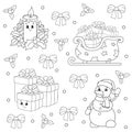 Coloring book for kids. Merry Christmas theme. Cheerful characters. Vector illustration. Cute cartoon style. Black contour Royalty Free Stock Photo