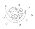 Coloring book for kids - smiling boy with a girl are sitting on the moon. Valentines day. 14 February. Black and white cute cartoo Royalty Free Stock Photo