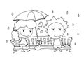 Coloring book for kids - smiling boy holding an umbrella over a girl. Valentines day. 14 February. Black and white cute cartoon ha Royalty Free Stock Photo